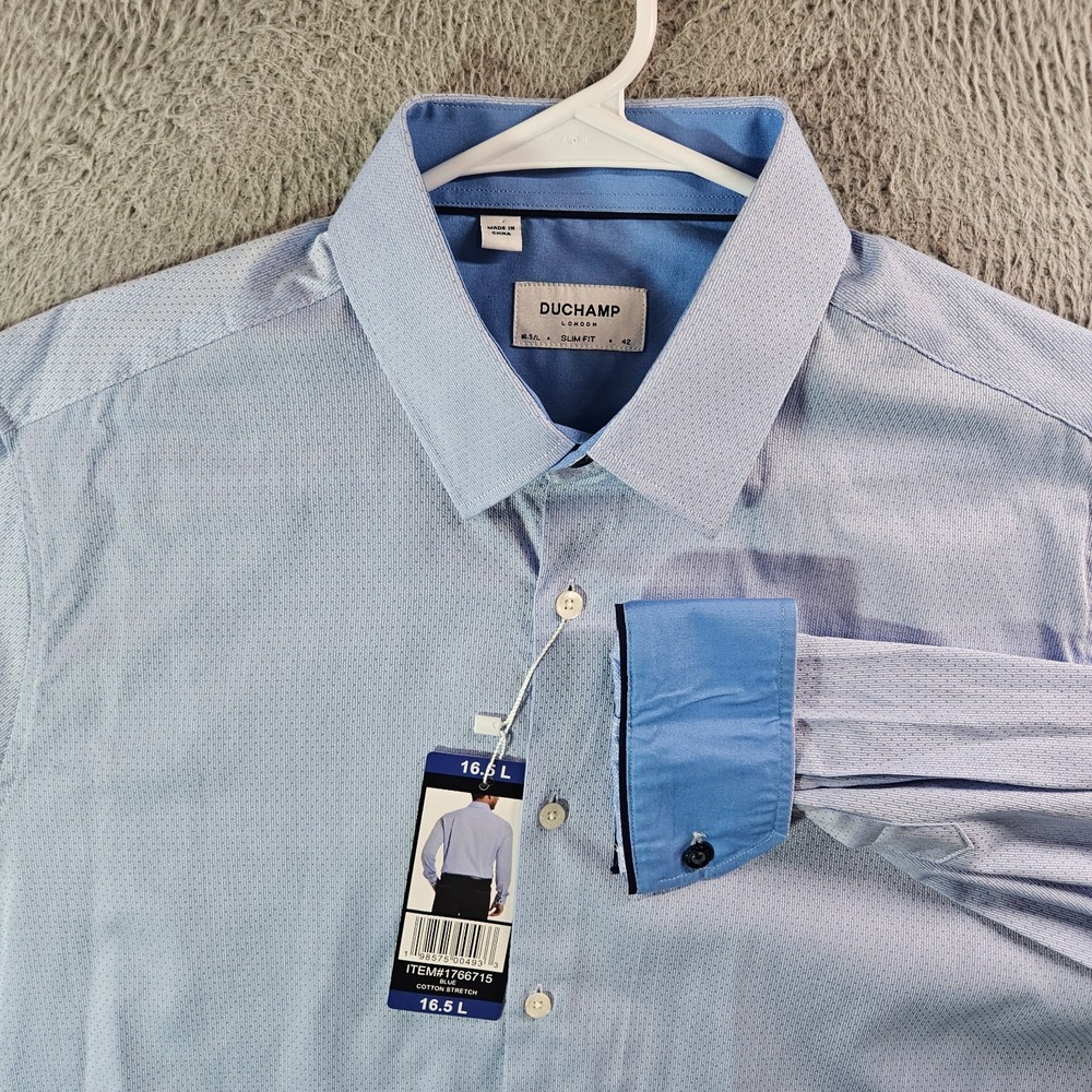 NEW Duchamp London‎ Dress Shirt Men 16.5 Large Slim Fit Button Up Textured Blue